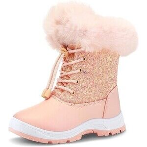 K KomForme Girls Glitter Snow Boots Kids Bungee Lacing Warm Faux Fur-Lined...